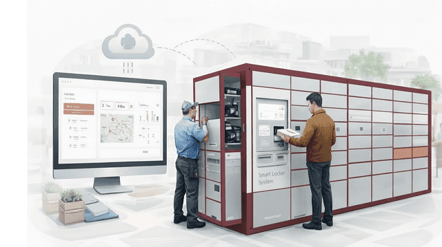 Smart parcel locker being serviced and used, managed from a cloud dashboard