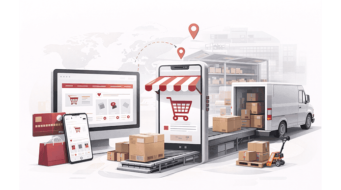 Online store orders moving by conveyor from phone to warehouse and delivery van