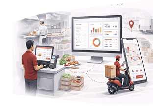 Restaurant with a chef, POS terminal, sales dashboard and a delivery rider on a scooter