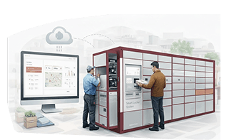 Two people using a self-service parcel locker linked to a cloud logistics dashboard